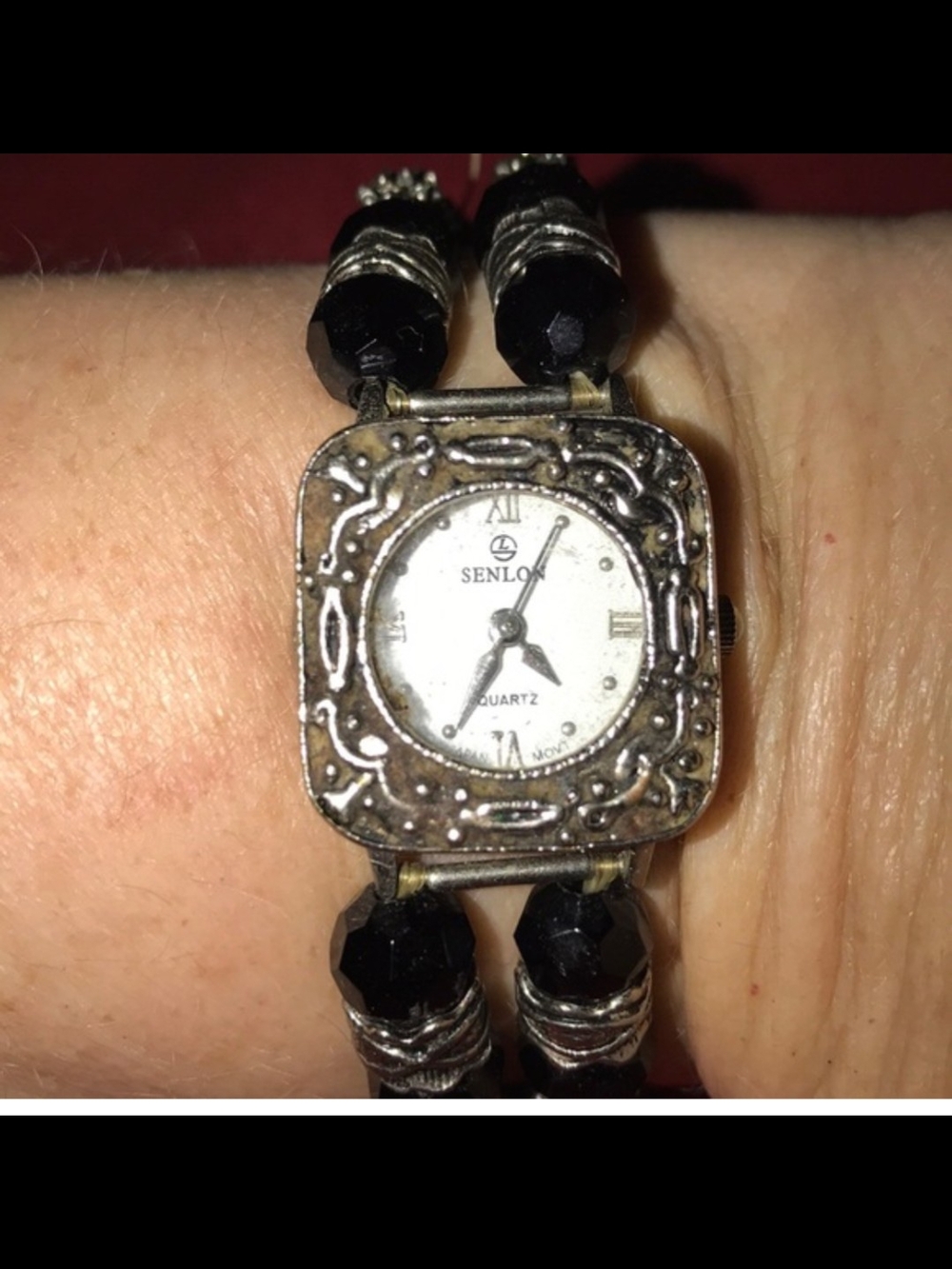 Vintage Senlon Women's Black Beaded Bracelet Watch with Ornate Silver-Tone Case